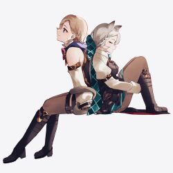  1boy 1girl animal_ear_fluff animal_ears aqua_bow aqua_bowtie arm_support back-to-back black_boots black_corset black_dress black_gloves blonde_hair boots bow bowtie braid brother_and_sister brown_bow brown_bowtie brown_pantyhose brown_thighhighs cat_ears cat_girl cat_tail closed_eyes closed_mouth commentary_request corset detached_sleeves dress genshin_impact gloves grey_hair hair_between_eyes hair_bow highres huge_bow invisible_chair juliet_sleeves knees_up long_hair long_sleeves looking_ahead low_ponytail lynette_(genshin_impact) lyney_(genshin_impact) nekorin_chu pantyhose parted_bangs pleated_dress ponytail puffy_sleeves red_bow red_bowtie shirt short_dress short_hair shrug_(clothing) siblings simple_background single_braid sitting sleeve_cuffs sleeveless sleeveless_shirt smile tail tail_around_arm thigh-highs twins violet_eyes white_background white_shirt white_sleeves 