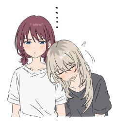  ... 2girls black_shirt blue_eyes blush brown_hair closed_eyes closed_mouth commentary_request cropped_torso drooling girls_band_cry grey_hair half-closed_eyes head_on_another's_shoulder highres iseri_nina kawaragi_momoka kousuke0912 long_hair looking_at_viewer medium_hair multiple_girls open_mouth saliva shirt short_twintails simple_background sleeping sleeping_on_person sleeping_upright t-shirt twintails upper_body white_background white_shirt 