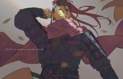  1boy 91007 armor commentary_request fire_emblem fire_emblem:_radiant_dawn fire_emblem_heroes green_eyes japanese_armor long_hair long_scarf male_focus official_alternate_costume ponytail red_hair scarf shinon_(fire_emblem) shinon_(ninja)_(fire_emblem) solo yellow_scarf 