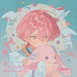  1boy antenna_hair bao_rong bishounen blue_bow blue_eyes blush bow buttons commission covered_mouth eyelashes frilled_sleeves frills gradient_background hair_between_eyes highres holding holding_stuffed_toy long_sleeves male_focus mihuashi_commission original pink_hair short_hair sidelocks solo square stuffed_animal stuffed_rabbit stuffed_toy tears watermark 