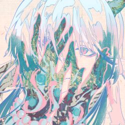  1boy absurdres arknights bamboo blending blue_hair chinese_commentary commentary_request double_exposure dragon_horns gradient_hair hand_over_eye highres horns lijingjinw looking_at_viewer male_focus multicolored_hair pink_eyes pink_hair portrait smile solo yi_(arknights) 