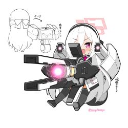  1girl arrow_(symbol) black_hairband black_shoes black_skirt blue_archive blush bow capriccyo chibi commentary_request glowing grey_thighhighs hair_between_eyes hair_bow hairband halo highres jacket kei_(amas)_(blue_archive) kei_(blue_archive) kei_(new_body)_(blue_archive) long_hair long_sleeves open_mouth puffy_long_sleeves puffy_sleeves shoe_soles shoes simple_background skirt thigh-highs translation_request twitter_username v-shaped_eyes very_long_hair violet_eyes white_background white_hair white_jacket 