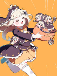  >_< 1girl ankaketomato blonde_hair bucket chibi commentary_request dress floating_hair frilled_dress frills halloween_bucket highres holding holding_bucket long_hair long_sleeves open_mouth speaki_(trickcal) trickcal 