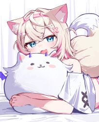  1girl :d animal_ear_fluff animal_ears bandaid bandaid_hair_ornament bed_sheet blonde_hair blue_eyes commentary cropped_shirt crossed_bangs deaver dog_ears dog_girl dog_tail double-parted_bangs fake_horns fangs hair_between_eyes hair_intakes hair_ornament hairband highres hololive hololive_english horn_hairband horns looking_at_viewer lying mococo_abyssgard mococo_abyssgard_(1st_costume) on_stomach open_mouth perroccino_(fuwamoco) pink_hairband pink_streaks shirt short_hair single_off_shoulder skin_fangs smile solo t-shirt tail two_side_up virtual_youtuber white_shirt x_hair_ornament 