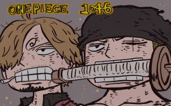  2boys absurdres bandana black_bandana blonde_hair cigarette clenched_teeth commentary_request copyright_name curly_eyebrows embers facial_hair goatee hair_over_one_eye highres katsumi_ishizuka male_focus multiple_boys mustache one_eye_closed one_piece roronoa_zoro sanji_(one_piece) scar scar_across_eye scar_on_face short_hair simple_background teeth weapon_in_mouth 