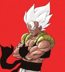  1boy alternate_eye_color black_sash black_vest cowboy_shot cropped_vest crossed_arms dragon_ball dragon_ball_z gogeta grey_hair highres limited_palette medium_hair metamoran_vest muscular muscular_male nagare_seiya official_alternate_hair_color open_clothes open_vest red_background red_eyes sash simple_background smirk solo spiky_hair super_saiyan super_saiyan_1 vest 