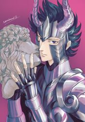  1boy armor black_hair bust_(sculpture) capricorn_shura commentary_request fake_horns hands_up helmet highres holding_sculpture horned_helmet horns looking_at_viewer male_focus neonbread purple_armor saint_seiya short_hair solo specter_(saint_seiya) spiky_hair violet_eyes 