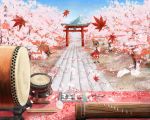  drum drums hakurei_reimu instrument instruments japanese_clothes kazashino_miyabi koto_(instrument) leaf leaves maple_leaves miko petals taiko_drum torii touhou 