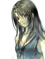  1girl black_hair black_shirt black_tank_top brown_eyes final_fantasy final_fantasy_viii hair_over_one_eye hair_over_shoulder hinokami long_hair looking_at_viewer lowres rinoa_heartilly shirt simple_background sketch sleeveless sleeveless_duster smile solo tank_top upper_body white_background 