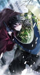  1boy belt black_hair black_jacket black_pants blue_eyes buttons closed_mouth demon_slayer_uniform empty_eyes gold_buttons hair_between_eyes haori high_collar holding holding_sword holding_weapon jacket japanese_clothes katana kikkoumon kimetsu_no_yaiba long_hair looking_at_viewer low_ponytail male_focus mura_karuki pants ponytail print_haori red_haori snow solo spiky_hair sword tomioka_giyuu v-shaped_eyebrows weapon white_belt 