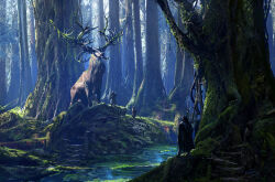 1other 3boys animal antlers brown_cloak cloak commentary deer deer_antlers english_commentary forest highres holding holding_staff horns moss multiple_boys nature original outdoors oversized_animal painterly plant plant_roots raphael-lacoste river scenery signature staff tree vines water 