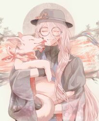  1boy ;d animal black_gloves black_hat black_jacket black_shirt blue_kimono branch carrying child_carry dog dress_shirt facing_viewer fate/grand_order fate_(series) fedora flower glasses gloves grey_eyes hair_between_eyes hair_ribbon half-closed_eyes hanasaka_no_okina_(fate) haori hat hat_flower highres holding holding_animal jacket japanese_clothes kimono licking licking_another's_face long_hair long_hair_between_eyes long_sidelocks long_sleeves looking_at_animal low_ponytail male_focus mole mole_under_eye multiple_moles one_eye_closed pink_flower pink_hair ponytail r0_knr52 red_ribbon ribbon round_eyewear shirt shirt_under_kimono sidelocks smile solo sun upper_body white_dog 