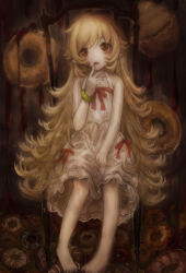  1girl absurdres barefoot blonde_hair bracelet brown_eyes chair chinese_commentary commentary_request doughnut dress fangs flipped_hair food full_body hair_flaps hand_to_own_mouth hand_up hezaizhou highres jewelry long_hair looking_up monogatari_(series) on_chair open_mouth oshino_shinobu pointy_ears red_ribbon ribbon sitting solo sundress very_long_hair white_dress 