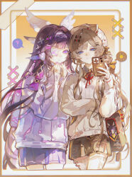  2girls absurdres alternate_costume arm_across_waist backpack bag black_hair black_skirt blue_eyes bow brown_hair brown_sweater character_charm charm_(object) chinese_commentary closed_mouth collared_shirt columbina_(genshin_impact) commentary_request contemporary cowboy_shot eyepatch genshin_impact gradient_hair hair_bow hair_intakes hair_ornament hairclip hands_on_own_face hands_up head_wings headband headdress highres holding holding_phone iron_hailai long_hair long_sleeves looking_at_viewer low-tied_sidelocks multicolored_hair multiple_girls phone pink_hair pink_nails pink_skirt purple_sweater ribbon sandrone_(genshin_impact) selfie shirt shirt_bow sidelocks skirt smile sweater thigh-highs two-tone_hair very_long_hair violet_eyes white_thighhighs wings yellow_nails 