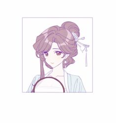  1girl border brown_eyes brown_hair chinese_clothes chinese_commentary closed_mouth collarbone commentary_request earrings hair_bun hair_ornament hair_stick hand_fan hanfu highres jacket jewelry looking_at_viewer original portrait pressplus simple_background single_earring single_hair_bun solo tuanshan upper_body white_background 