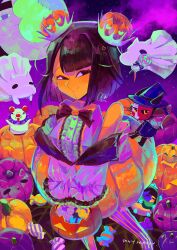  4girls black_eyes black_hair blue_skin blunt_bangs bob_cut colored_skin ena_(ena) ena_(series) ena_(species) ena_(web_series) floating_head full-happiness_ena halloween halloween_bucket halloween_costume happy_ena hat highres holding holding_halloween_bucket hourglass_dog jack-o'-lantern mini_person minigirl moony_(ena) multicolored_skin multiple_girls pumpkin sad_ena smile split-color_skin the_shepherd_(ena) two-tone_skin usagimarumei witch witch_hat yellow_skin 