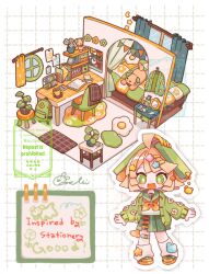  1girl :d ahoge animal animal_ears backpack bag bandaid bandaid_on_knee bandaid_on_leg bed bright_pupils cardigan chair chibi chibi_only commentary_request curtains dated dog dog_ears dog_girl dog_tail flower_pot green_cardigan green_eyes green_hat green_sailor_collar green_shoes green_skirt grid_background hat indoors leaf long_sleeves loose_socks marker mochimura_sorata neckerchief notebook open_cardigan open_clothes open_mouth orange_hair orange_neckerchief original outline plant pleated_skirt potted_plant sailor_collar school_uniform serafuku shirt shoes short_hair signature skirt smile socks standing streamers stuffed_animal stuffed_dog stuffed_toy table tail unworn_backpack unworn_bag watermark white_outline white_pupils white_shirt white_socks window 