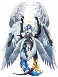  1boy 2girls absurdres angel_wings ashensol blue_hair bow dizzy_(guilty_gear) dress full_body guilty_gear guilty_gear_strive hair_ribbon halo halo_behind_head highres hood long_hair looking_at_viewer multiple_girls multiple_wings necro_(guilty_gear) outstretched_arms queen_dizzy red_eyes ribbon tail tail_bow tail_ornament tail_ribbon undine_(guilty_gear) very_long_hair very_long_tail wings 