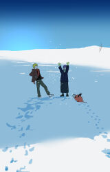  absurdres chainsaw_man coat denji_(chainsaw_man) highres moti1250 non-web_source pochita_(chainsaw_man) reze_(chainsaw_man) snow snow_globe 