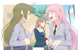  3girls anglediana bag bang_dream! bang_dream!_it's_mygo!!!!! blue_eyes blue_shirt blue_skirt blush brown_hair chihaya_anon chinese_commentary closed_eyes commentary_request day diagonal-striped_clothes diagonal-striped_necktie eri_(bang_dream!) fang green_hair green_necktie grey_bag grey_jacket grey_neckerchief haneoka_school_uniform highres jacket long_hair long_sleeves multiple_girls nagasaki_soyo neckerchief necktie open_mouth outdoors pink_hair school_bag school_uniform shirt shoulder_bag skirt striped_clothes teeth tsukinomori_school_uniform twirling_hair upper_teeth_only 