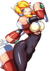  1girl absurdres alia_(mega_man) android armor blonde_hair blue_eyes blush bodysuit breasts commentary_request gloves green_eyes hair_between_eyes headset helmet highres joints kotatuman_dash large_breasts long_hair looking_at_viewer medium_breasts mega_man_(series) mega_man_x8 mega_man_x_(series) navigator pink_armor robot_ears robot_girl robot_joints smile solo white_gloves 