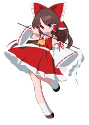  1girl absurdres ascot bow brown_eyes brown_hair detached_sleeves frilled_bow frilled_hair_tubes frills full_body gohei hair_bow hair_tubes hakurei_reimu highres holding holding_gohei leg_up long_hair looking_at_viewer red_bow red_skirt ribbon-trimmed_sleeves ribbon_trim sarukana shirt skirt skirt_set solo touhou very_long_hair white_shirt yellow_ascot 