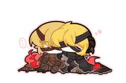  ... 1boy 1girl azhong_123 bandage_over_one_eye bandaged_arm bandaged_leg bandages black_bandages black_cape black_hat black_horns blonde_hair cape closed_eyes don_quixote_(project_moon) facing_another hand_on_own_face hand_up hat heishou_pack-wei_branch_(identity)_(project_moon) heishou_pack-you_branch_(identity)_(project_moon) horns limbus_company project_moon short_hair side-by-side sinclair_(project_moon) sitting spoken_ellipsis unworn_hat unworn_headwear yellow_eyes 