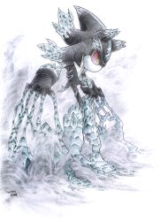  1boy 2008 artist_name chest_fur colored_sclera commentary crystal_hair dated english_commentary green_eyes highres male_focus mephiles_the_dark no_mouth no_nose red_sclera rodamrix slit_pupils solo sonic_(series) sonic_the_hedgehog_(2006) traditional_media white_background 