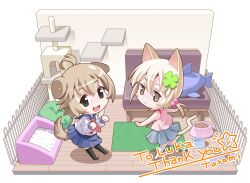  2girls :< :3 ahoge animal_ears blonde_hair blush_stickers bowl brown_eyes cat_ears cat_girl cat_tail cat_tower chibi chibi_only clover_hair_ornament commentary_request commission couch diorama dog_ears dog_girl dog_tail fence full_body grey_eyes hair_bobbles hair_ornament highres low_ponytail multiple_girls neckerchief no_shoes nyanko_(onlinepetclub) open_mouth original paw_pose pet_bed pet_bowl pleated_skirt ponytail rug school_uniform serafuku shirt skeb_commission skirt sleeveless sleeveless_shirt smile standing standing_on_one_leg stuffed_animal stuffed_fish stuffed_toy tail thank_you thigh-highs toromi_(toromix2) wanwan_(onlinepetclub) 