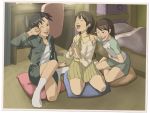  amasawa_yuuko bad_id dennou_coil hashimoto_fumie jacket kneeling laugh laughing multiple_girls nako_(pixiv161080) okonogi_yuuko pillow pillows raglan_sleeves skirt 
