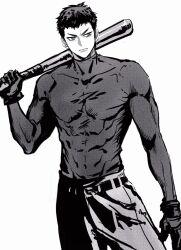  1boy ace_of_diamond baseball_bat belt commentary_request compression_shirt covered_abs covered_pectorals gloves greyscale highres holding holding_baseball_bat male_focus momoyoru1 monochrome pants pectorals shirt_tucked_in short_hair simple_background solo toned toned_male white_background yuuki_tetsuya 