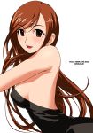  1girl bare_back black_dress breasts brown_eyes brown_hair dress long_hair open_mouth original ryu_(artist) sideboob simple_background smile solo white_background 