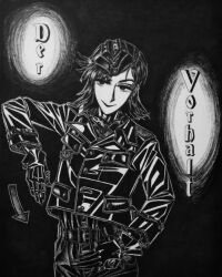  1girl belt belt_buckle black_lips bob_cut bodysuit bordfunker133 buckle check_clothing clothing_request commentary_request genderswap genderswap_(mtf) german_text gesture gloves greyscale hans-joachim_marseille hat highres jacket leather leather_belt leather_jacket long_hair looking_at_viewer luftwaffe marseille-chan_(bordfunker133) military military_uniform monochrome nazi nazi_party_pin original real_life scarf shoulder_boards smile soldier solo swastika world_war_ii 