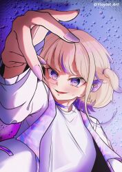  1girl absurdres arm_up black_hair blue_hair blush choker commentary condensation hair_ornament highres hololive hololive_dev_is jacket nail_polish one_side_up open_clothes open_jacket parted_lips purple_choker purple_jacket purple_nails purple_shirt shirt short_hair smile solo todoroki_hajime twitter_username virtual_youtuber yioyiot_art 