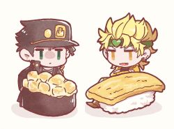  2boys black_hair blonde_hair chibi chibi_only commentary_request crossed_arms dio_brando earrings expressionless fang food green_eyes gunkanmaki hat headband hoop_earrings jacket jewelry jitome jojo_no_kimyou_na_bouken kasasagi_(hinagi) kujo_jotaro makizushi male_focus mini_person miniboy multiple_boys pointy_shoes stardust_crusaders sushi yellow_eyes 