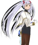  brown_pantyhose hoshino_ruri kidou_senkan_nadesico kidou_senkan_nadesico_-_prince_of_darkness long_hair looking_back martian_successor_nadesico pantyhose silver_hair skirt solo turtleneck twintails uniform very_long_hair yellow_eyes 