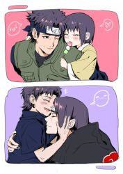  2boys aged_down akatsuki_uniform black_hair black_nails border carrying child commentary curtained_hair dango flak_jacket food happy heart highres jacket male_focus momoyoru1 multiple_boys naruto_(series) naruto_shippuuden piggyback sanshoku_dango short_hair spoken_heart symbol-only_commentary uchiha_itachi uchiha_shisui wagashi white_border 