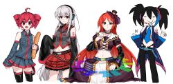  1boy 3girls arm_tattoo baguette bare_shoulders belt black_hair black_panties black_pants black_sailor_collar black_sleeves black_thighhighs blue_belt blue_hair blue_jacket blue_necktie blue_trim bread breasts buttons child's_drawing choker collarbone collared_shirt crop_top detached_sleeves dress english_commentary food green_eyes grey_shirt hand_on_own_chest hat headphones highres holding_bread jacket kasane_teto large_breasts long_hair m1yuki_kkul male_with_breasts medium_breasts midriff mini_hat mini_top_hat multiple_girls namine_ritsu navel necktie number_tattoo orange_hair panties pants piano_print pleated_skirt pocket purple_choker purple_dress red_belt red_eyes red_hair red_skirt red_trim sailor_collar shirt simple_background skirt sleeves_past_fingers sleeves_past_wrists sukone_tei tattoo thigh-highs top_hat underwear utau vippaloid white_background white_hair yokune_ruko 