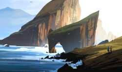  2others arch blue_sky brown_cloak cliff cloak clouds cloudy_sky commentary english_commentary flock highres landscape mountain multiple_others nature ocean orange_cloak original outdoors painterly raphael-lacoste scenery sky water waves yellow_sky 