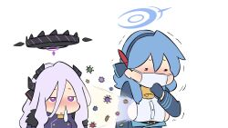  2girls ahoge ako_(blue_archive) bacteria bell blue_archive blue_hair blue_halo blush breasts closed_eyes coat coat_on_shoulders cowbell demon_girl demon_horns fever forehead gloves hair_between_eyes hairband half_gloves halo highres hina_(blue_archive) hong_hongcha horns large_breasts long_hair long_sleeves mask mouth_mask multiple_girls multiple_horns neck_bell open_mouth parted_bangs purple_halo runny_nose sick sideboob sideless_shirt simple_background snot surgical_mask very_long_hair violet_eyes virus white_hair 