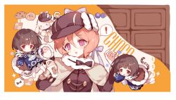  2girls black_bow black_bowtie black_hair bow bowtie capelet coat commentary detec_bell detective fur_coat hat highres hime_cut holding holding_magnifying_glass lapis_lazuline magical_girl magnifying_glass mahou_shoujo_ikusei_keikaku mahou_shoujo_ikusei_keikaku_restart multiple_girls pink_eyes pink_hair red_eyes short_hair smile symbol-only_commentary thigh-highs wei_er_chenxing white_thighhighs 