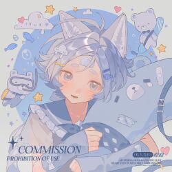  1girl animal_ear_fluff animal_ears antenna_hair bao_rong blush bow bubble cloud_hair_ornament collarbone commission eyelashes gauze gauze_on_forehead grey_bow grey_eyes hair_ornament hairpin heart highres looking_at_viewer lower_teeth_only mihuashi_commission open_mouth original sailor_collar short_eyebrows short_hair solo square star_(symbol) teeth upper_body watermark white_hair 
