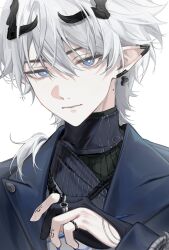  1boy absurdres ardashir_(arknights) arknights arknights:_endfield black_gloves black_shirt blue_eyes blue_jacket bright_pupils commentary english_commentary finger_tattoo gloves hand_tattoo highres horns jacket jewelry long_sleeves looking_at_viewer mai_(mornmeii) male_focus mole mole_on_neck multiple_rings partially_fingerless_gloves ponytail ring shirt simple_background smile solo tattoo upper_body white_background white_pupils 