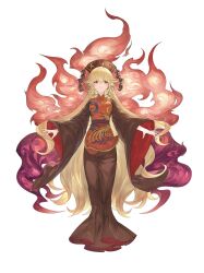  1girl black_dress black_hat blonde_hair breasts chinese_commentary commentary_request crescent_print dalachi_(headdress) devilkillerx dress energy full_body hat highres junko_(touhou) long_hair long_sleeves looking_at_viewer medium_breasts mixed-language_commentary multiple_tails neck_ribbon phoenix_print red_eyes red_tabard ribbon simple_background solo tabard tail touhou very_long_hair white_background wide_sleeves yellow_ribbon 