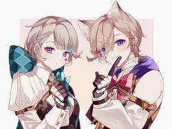  1boy 1girl :3 animal_ear_fluff animal_ears aqua_bow aqua_bowtie aqua_streaks black_capelet black_gloves blonde_hair blunt_bangs blush border bow bowtie braid brother_and_sister brown_bow brown_bowtie buttons capelet cat_ears closed_mouth commentary_request detached_sleeves expressionless eyelashes facial_mark frilled_shirt_collar frills genshin_impact gloves gradient_background grey_hair hair_between_eyes hair_bow hand_up highres huge_bow index_finger_raised juliet_sleeves kemonomimi_mode long_sleeves looking_at_viewer lynette_(genshin_impact) lyney_(genshin_impact) multicolored_gloves multicolored_hair nekorin_chu no_animal_ears parted_bangs puffy_sleeves red_bow red_bowtie red_streaks shirt short_hair shrug_(clothing) siblings sidelocks single_braid sleeve_cuffs sleeveless sleeveless_shirt smile star_(symbol) star_facial_mark streaked_hair swept_bangs teardrop_facial_mark twins two-tone_gloves upper_body violet_eyes watermark white_border white_gloves white_shirt white_shrug white_sleeves 