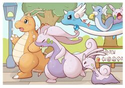  >_< antennae blush claws commentary_request dragonair dragonite dratini evolutionary_line flying goodra goomy highres horns lamppost natu_and_popo pokemon pokemon_(creature) riding single_horn sliggoo sweat unownglyphics very_sweaty weedle whistle 