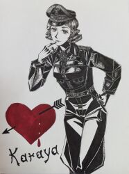  1girl absurdres belt black_jacket bordfunker133 collar_tabs cross curly_hair erich_hartmann finger_to_mouth genderswap genderswap_(mtf) greyscale hand_on_own_hip hartmann-chan_(bordfunker133) hat heart highres iron_cross jacket leaning_forward leather leather_jacket luftwaffe military monochrome nazi original pants peaked_cap photo_(medium) real_life reichsadler short_hair shoulder_boards soldier solo swastika world_war_ii 