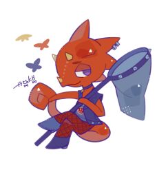  1boy animal_crossing auko bug butterfly butterfly_net chameleon chameleon_boy chameleon_tail colored_skin commentary_request flick_(animal_crossing) hand_net horns jewelry necklace net punk red_scales red_skin signature sitting tail tree_horns white_background 