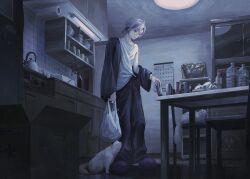  1boy absurdres alternate_costume bag black_jacket black_pants bottle ca_mei calendar_(object) can canned_coffee cat ceiling_light chair closed_mouth cupboard drink_can full_body fuwa_minato glasses grey_hair hair_between_eyes hashtag-only_commentary highres holding holding_bag holding_can indoors jacket kettle long_sleeves male_focus multicolored_hair nijisanji open_clothes open_jacket pants parted_bangs plastic_bag ponytail purple_slippers shirt short_ponytail slippers solo standing streaked_hair table tile_wall tiles violet_eyes virtual_youtuber water_bottle white_shirt 