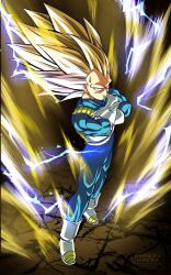  1boy absurdres armor aura blonde_hair blue_bodysuit bodysuit boots commentary_request crossed_arms dragon_ball dragon_ball_daima electricity gloves green_eyes highres kanaetecho long_hair looking_at_viewer male_focus no_eyebrows saiyan_armor solo spiky_hair standing super_saiyan super_saiyan_3 vegeta watermark white_armor white_boots white_gloves 